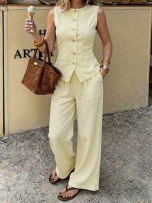 PoPoHouse 女士优雅纯棉两件套，无袖纽扣背心上衣搭配宽松阔腿裤，适合日常休闲商务办公通勤、夏季海滩度假外出穿着，黄色套装，女士款 - 黃色 - 查看 3