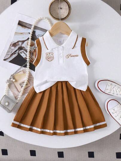 Baby Girl Letter Print Polo Neck Vest And Pleated Mini Skirt Casual Outfit