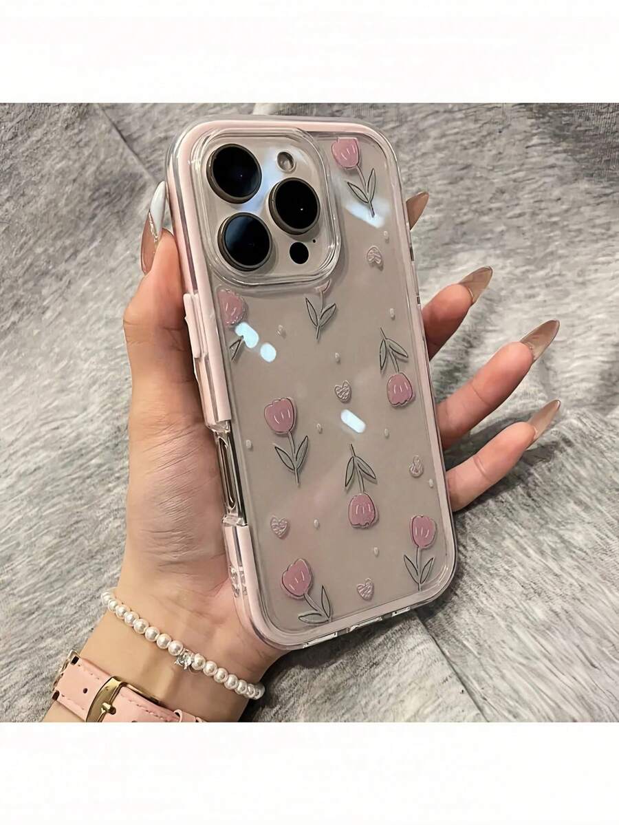 1pc Pink Tulip & Heart Aesthetic Pattern 2-In-1 Frame High-End Transparent Full Coverage Thick Anti-Fall Fashion Phone Case Suitable For IPhone11/12/13/14/15/16/17 Pro Max/Plus/Air, Shock-Proof Protective Cover, Exquisite Gift - Pink - View 1