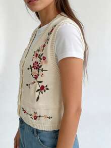 Plus Size Elegant Embroidered Knit Vest Cardigan Vacation - Beige - View 4