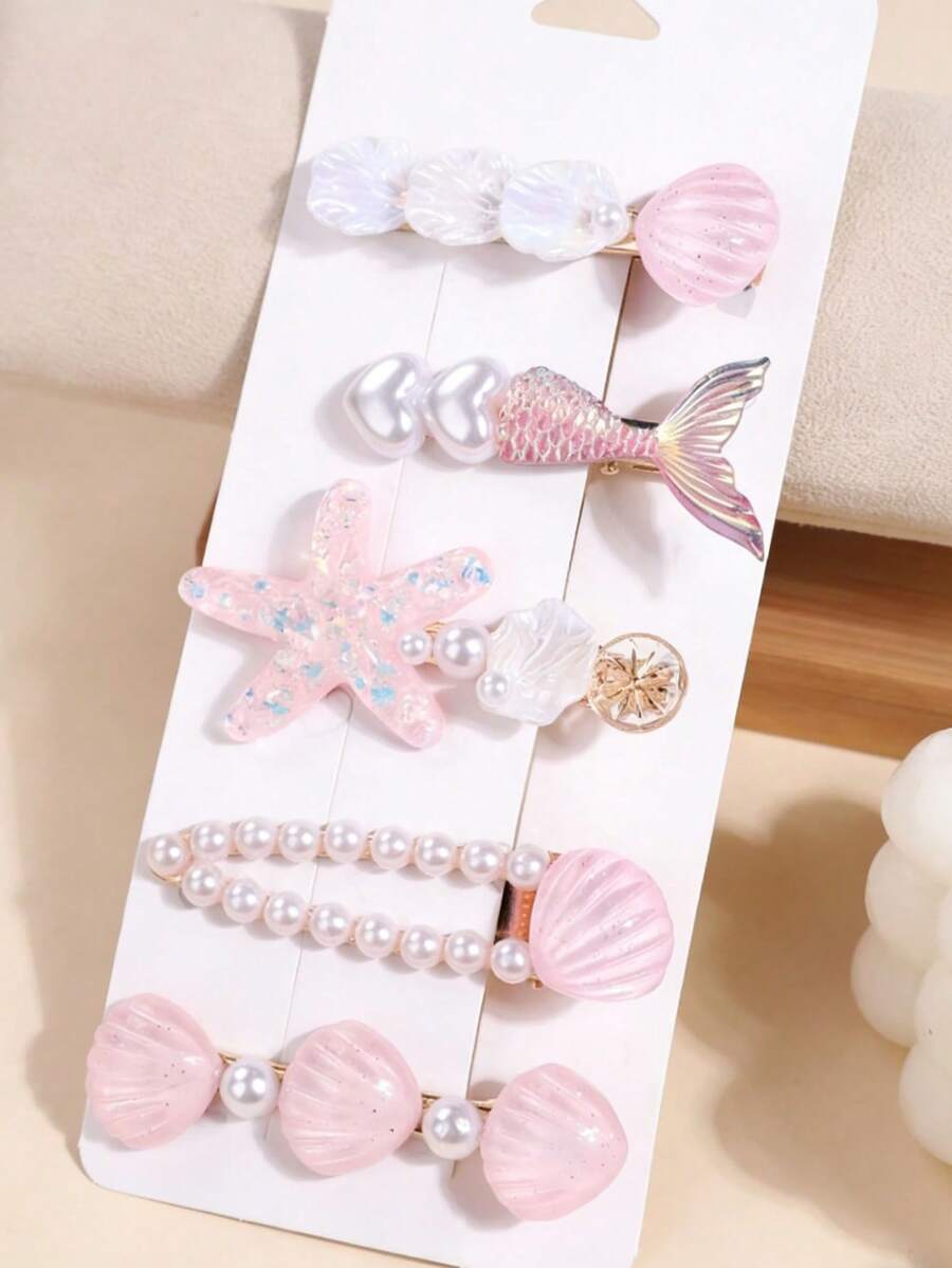 5pcs Faux Pearl Five-Pointed Star Shell Fish Tail Hair Clips Hair Accessories - Pink - View 1