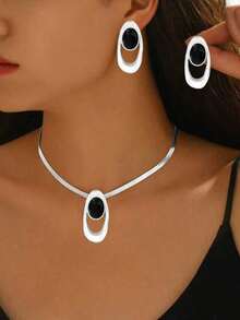 3pcs Elegant Creative Necklace + Earrings Jewelry Set, Fashionable Personalized Metal Geometric Asymmetrical Oval Golden Pendant Necklace With Black Acrylic Color Block Design, Versatile For Daily, Festivals, Parties J7YA - 金色 - 查看 7