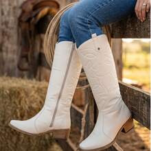 Women's Off-White Knee-High Boots, Rodeo Style, Boots With Embroidery, Casual Style - trắng - Xem 3