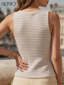 DONICY Chaleco de punto casual a rayas para mujer, con textura de tela, cuello en V, cierre con botones y diseño ajustado a la cintura, perfecto para capas en primavera y uso diario - Albaricoque - Ver 2