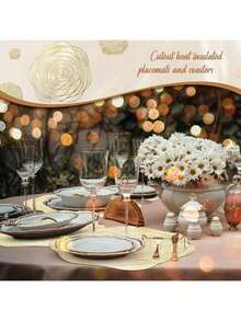 8pcs Set (4 Gold Hollow Rose PVC Placemats, 4 Gold Hollow Rose PVC Coasters), Washable, Easy To Clean, Wipe-Able, Non-Slip, Heat-Resistant, Suitable For Dining Table, Holiday, Wedding, Party Decor - Gold - View 5