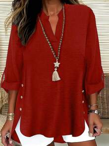 Camisa casual de talla grande con botones decorativos y cuello de solapa - Rojo - Ver 2