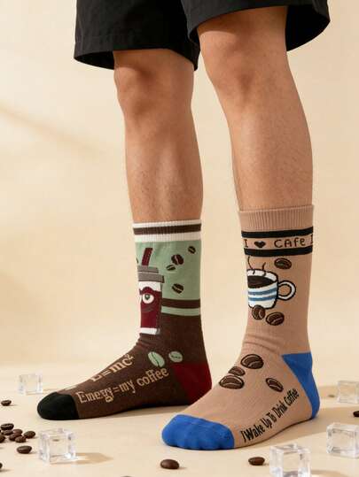 1 paire de chaussettes mi-mollet pour hommes, chaussettes de sport imprimées café mode de rue, respirantes et confortables, absorbant l'humidité, convenant pour le printemps, l'été et l'automne