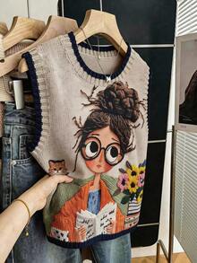 Stylish Women's Knit Sweater Vest With Quirky Girl Graphic Print, Regular Length And Soft Slight Stretch Knitwear,Vacation Outfits,Summer Tops. - Apricot - View 6