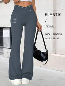Gray High Elastic Crossover Waist Flared Pants For Women, Tummy Control 4-Way Stretch Bootcut Yoga Pants For Daily & Fitness Outfits,Women's Leggings,Gym Clothes Women,Gym Clothes Women,Summer Outfits For Women,Summer Clothes,Beachwear,Vacation Outfits Women,Vacation Essentials - 灰色 - 查看 6