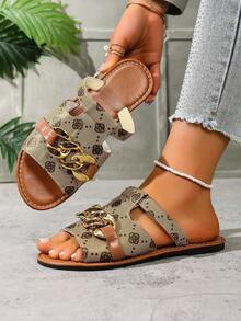 Women's Fashion Versatile Slippers, Minimalist Floral Pattern Round Toe Flat Slides, Indoor Outdoor Viral New Slippers In Black, Pink, Apricot - Camel - View 4