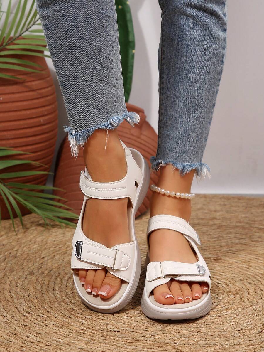 1 Pair Summer New Buckle Sandals, Sporty Style Wedge Heel, Lightweight Hook & Loop, Thick Sole Anti-Slip, Casual Versatile Beach Shoes - White - View 1