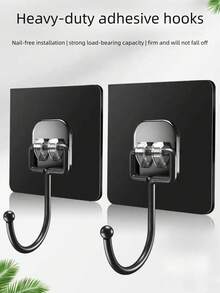 20pcs Heavy Duty Waterproof No-Drill Self-Adhesive Wall Hooks, 180° Rotatable Stainless Steel Hooks, 60lbs Load Capacity, Suitable For Bathroom, Kitchen, Towels, Coats, Keys, Clothes And Other Home Storage And Organization. Applicable For Home, Office, Outdoor, Shop, Car And Other Scenes, Can Store Coats, Kitchen Utensils, Stationery, Personal Items, Etc., Practical Storage Solution. - Black Hook - View 2