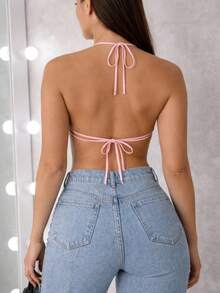 Women's Blouse With Deep V-Neck And Halter Neck – Thin Straps And A Loose, Elegant Fit For Summer - Màu Hồng baby - Xem 4