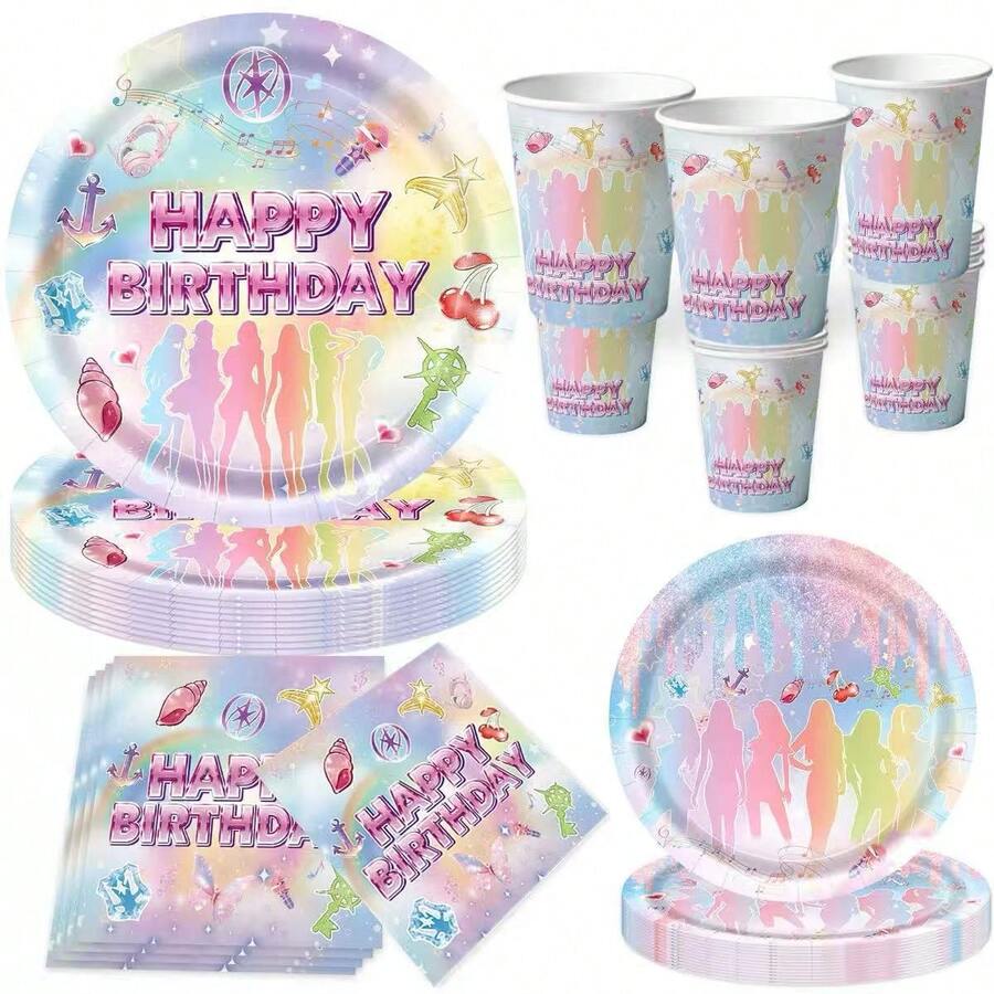 Bộ đồ dùng ăn uống dùng một lần 51 món Katseye Party Music này bao gồm 10 đĩa ăn tối, 10 đĩa tráng miệng, 10 cốc giấy, 20 khăn ăn và một khăn trải bàn. Bộ đồ dùng tiện lợi này rất phù hợp cho cắm trại, dã ngoại, tiệc nướng ngoài trời, đám cưới và tiệc sinh nhật. - Nhiều màu - Xem 1