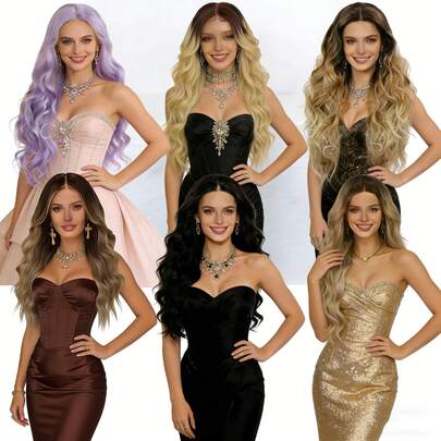 13x3.5x1英寸高清透明发际线，深色渐变发根/多种颜色可选，耐热纤维，自然中分，蓬松波浪造型，时尚主题，无胶无缝夹式假发，适合日常佩戴、角色扮演、派对、节日约会、生日礼物