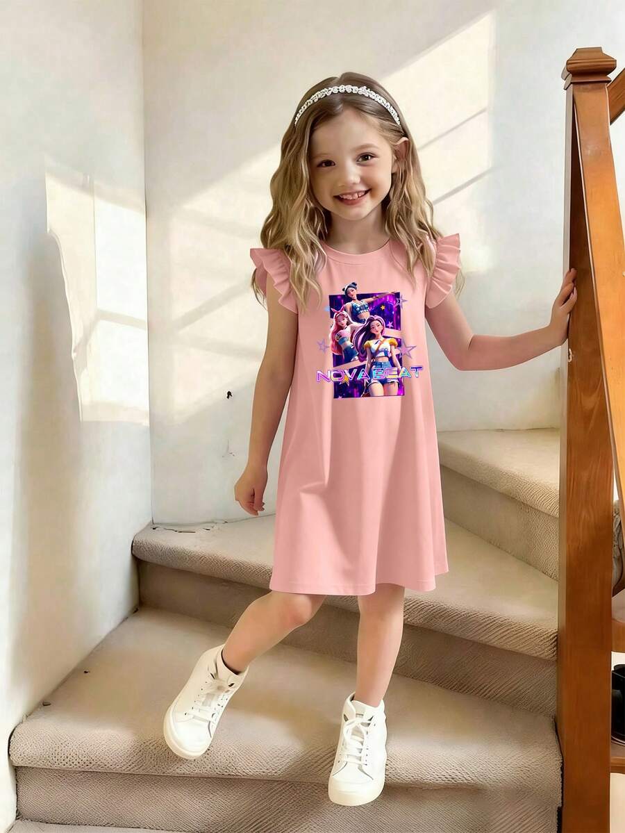 1pc Girls' Ruffle Sleeve Dress, Featuring "NOVA BEAT" Korean Style Graphic Print, Soft & Comfortable Fabric, Suitable For Daily Wear, Casual Outings, And Spring/Summer Gatherings - Pink - View 1