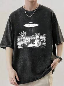 Summer Tops With UFO Cat Print, Summer Men's  Drop-Shoulder Sleeves, High-Quality Thick Heavy-Duty Oversized Boutique Vintage Washed Pure Cotton Round-Neck T-Shirt, Street Style Loose Hip-Hop Top, Short-Sleeve Shirt - 黑色 - 查看 6