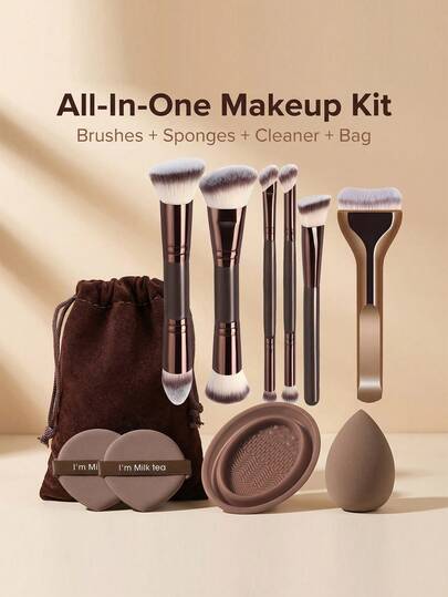 Bộ trang điểm đa năng | Cọ + Bông mút + Dung dịch vệ sinh + Túi đựng | Dụng cụ làm đẹp tiện lợi khi đi du lịch