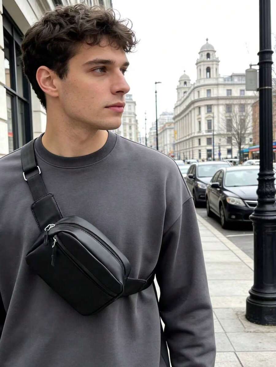 男士简约仿皮斜挎包，休闲胸包，防水单肩包，适合旅行和日常通勤 - 彩色 - 查看 1