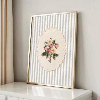 1 pièce Affiche murale de style cottage avec fraise mignonne, impression sur canevas vintage avec rayures bleues. Décoration artistique minimaliste et esthétique pour chambre, salon, salle à manger, maison moderne