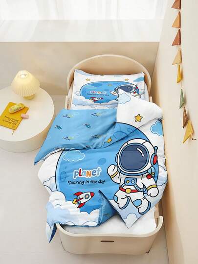 2pcs Cute Astronaut Kids Bedding Set | Space Planet Rocket Print Toddler Duvet Cover & Pillowcase | Whimsical Nursery Decor For Little Explorers76x102cm