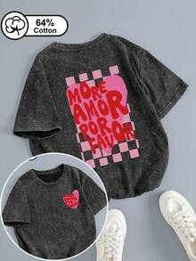 Plus Size Women's T-Shirt Featuring A "Sweet-Meets-Edgy" Heart And "More Love" Double-Sided Print; A Vintage-Wash, Short-Sleeved Summer Top Casual - Black - View 1