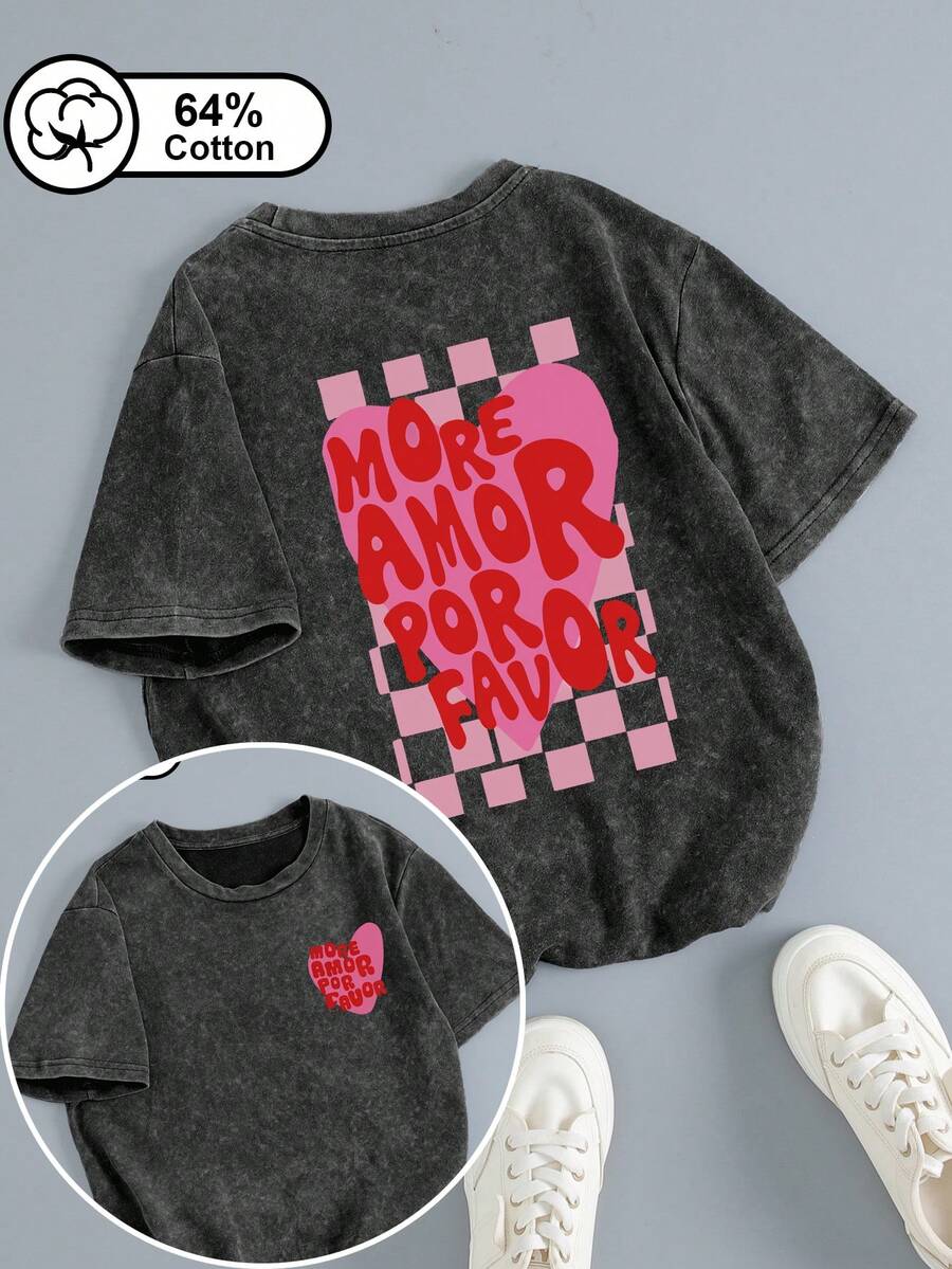 Plus Size Women's T-Shirt Featuring A "Sweet-Meets-Edgy" Heart And "More Love" Double-Sided Print; A Vintage-Wash, Short-Sleeved Summer Top Casual - Black - View 1