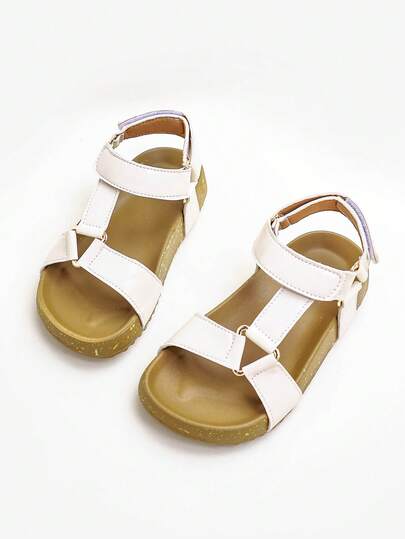 1 Pair Fashion Solid Color Hook And Loop Girls' Flat Sandals, Comfortable & Durable, Suitable For Daily Wear, Summer