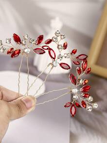 3pcs Vintage Luxury Crystal Red Diamond Leaf Gold Hair Clip Set, Romantic Wedding Party Hair Accessory - Red - View 4