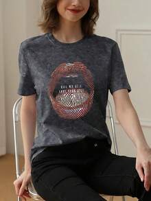 Comfortable All-Day Wear Acid Wash T-Shirt, Streetwear Regular Fit T-Shirt, Pinterest Style Avant-Garde Human Body Art Cross Print, Soft Washed-Effect Fabric - Black - View 2