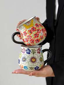 1pc Colorful Floral Design Mug, Hand-Painted Underglaze Flower Mug, Retro Ceramic Cup With High Aesthetic For Girls, Niche Couple Coffee Cup, Gift Mug For Afternoon Tea And Coffee, Suitable For Cafe, Dessert Shop, Office - Multicolor - View 11