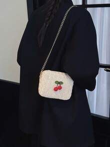 Bolso mini de lápiz labial, nueva moda de verano con cadena de paja, bolso cruzado cuadrado para el hombro para mujeres - Beis - Ver 4