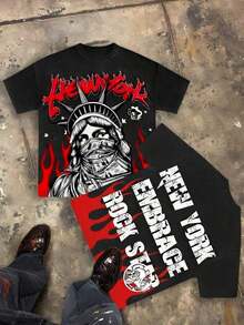Nuevas  de moda Godspeed The World Is Mine Apocalyptic Liberty Camiseta Gráfica Oversized para Hombre, Manga Corta, 100% Algodón, Corte Holgado, Estilo Urbano Y2K, Casual Vintage, Estética de Ciudad con Ojos Rojos, Holgada, 100% Algodón, Regalo - Negro - Ver 10