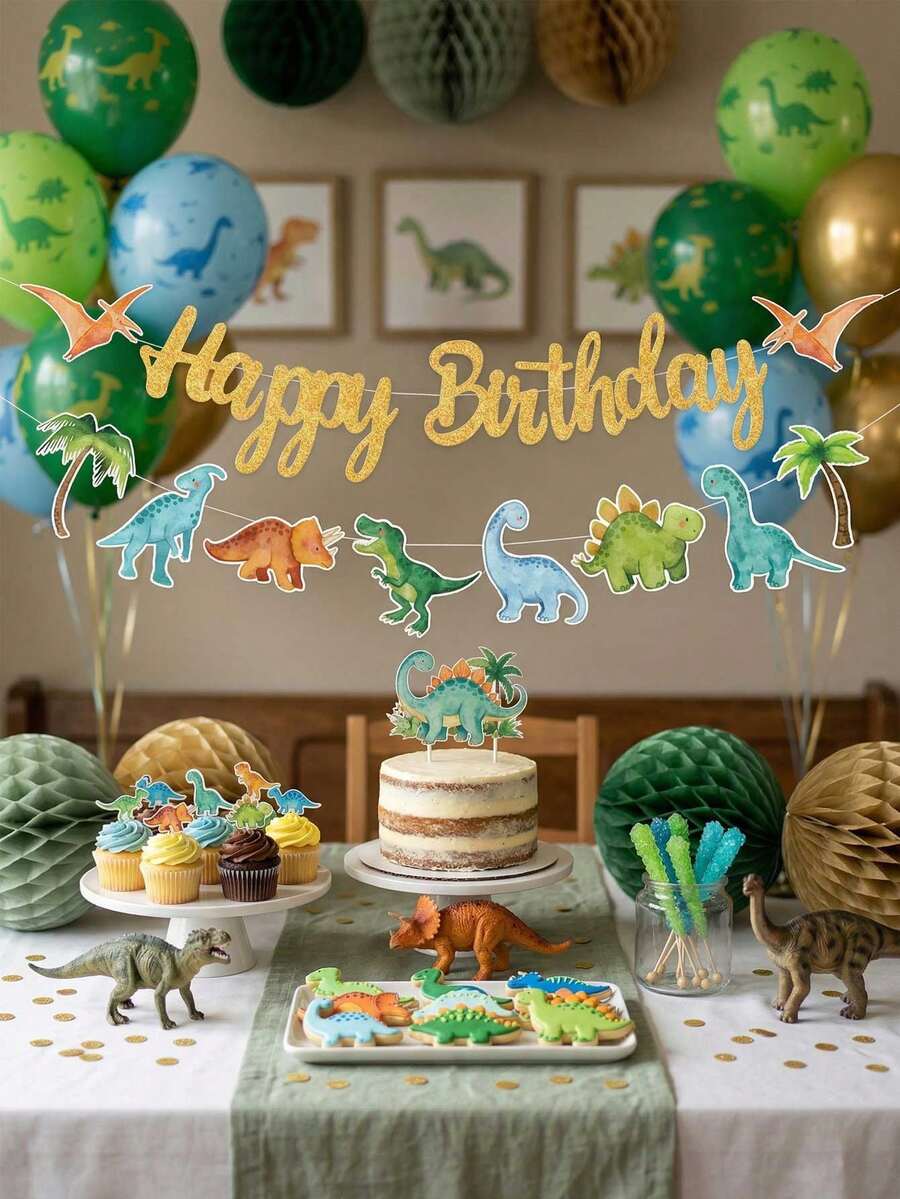 Watercolor Cartoon Dinosaur Birthday Decorations Ribbons, Gold Glitter "Happy Birthday" Banner With Tyrannosaurus Rex And Triceratops, Jurassic Theme Kids Boys Girls Baby Shower Party Decor - Dinosaur Theme - View 1