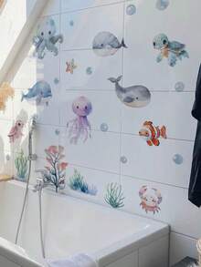 1件裝海洋動物水下世界牆貼，房間牆面裝飾貼紙，臥室客廳玄關背景牆壁畫，防水防油自黏可移除牆貼，適用房間、居家、牆面、浴室、臥室裝飾 - 牆貼 - 查看 11