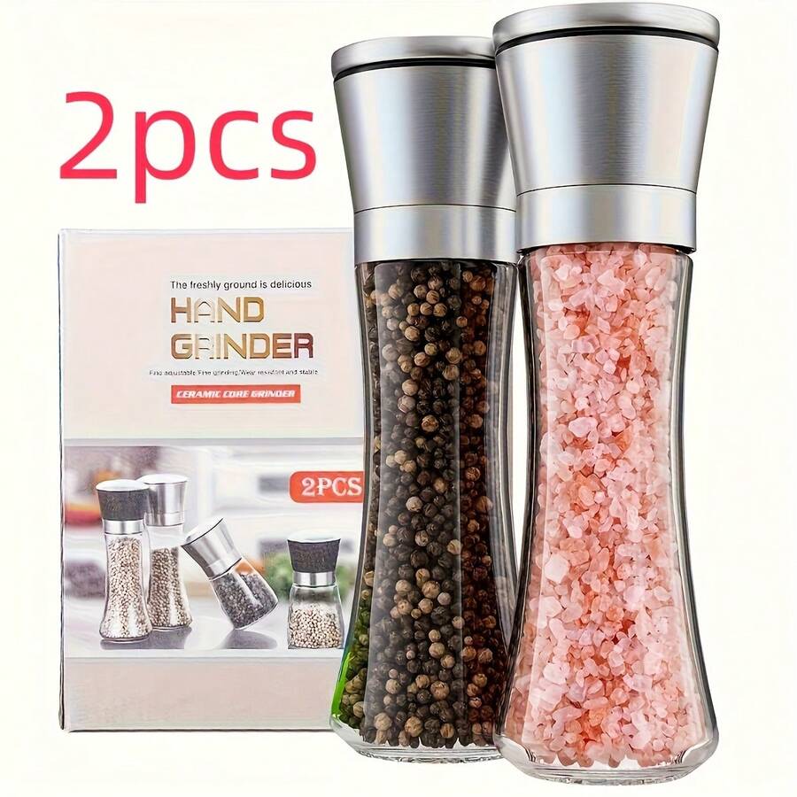 2pcs Stainless Steel Salt And Pepper Grinder Set, Manual Grinders With Glass Bottles For Kitchen And BBQ