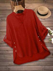 Camisa casual de talla grande con botones decorativos y cuello de solapa - Rojo - Ver 3