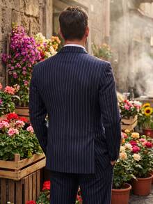 SOLOVEDRESS Men's Suits Striped Tuxedos 3 Piece Pinstripe Casual Formal Business Men Suit Groomsman Male Groom For Wedding - 藏蓝色 - 查看 5