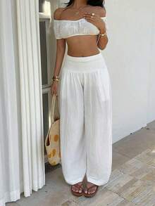 Sunnyshic Women's Elegant Solid Color Slant Pocket Elastic Waist Pants - trắng - Xem 7