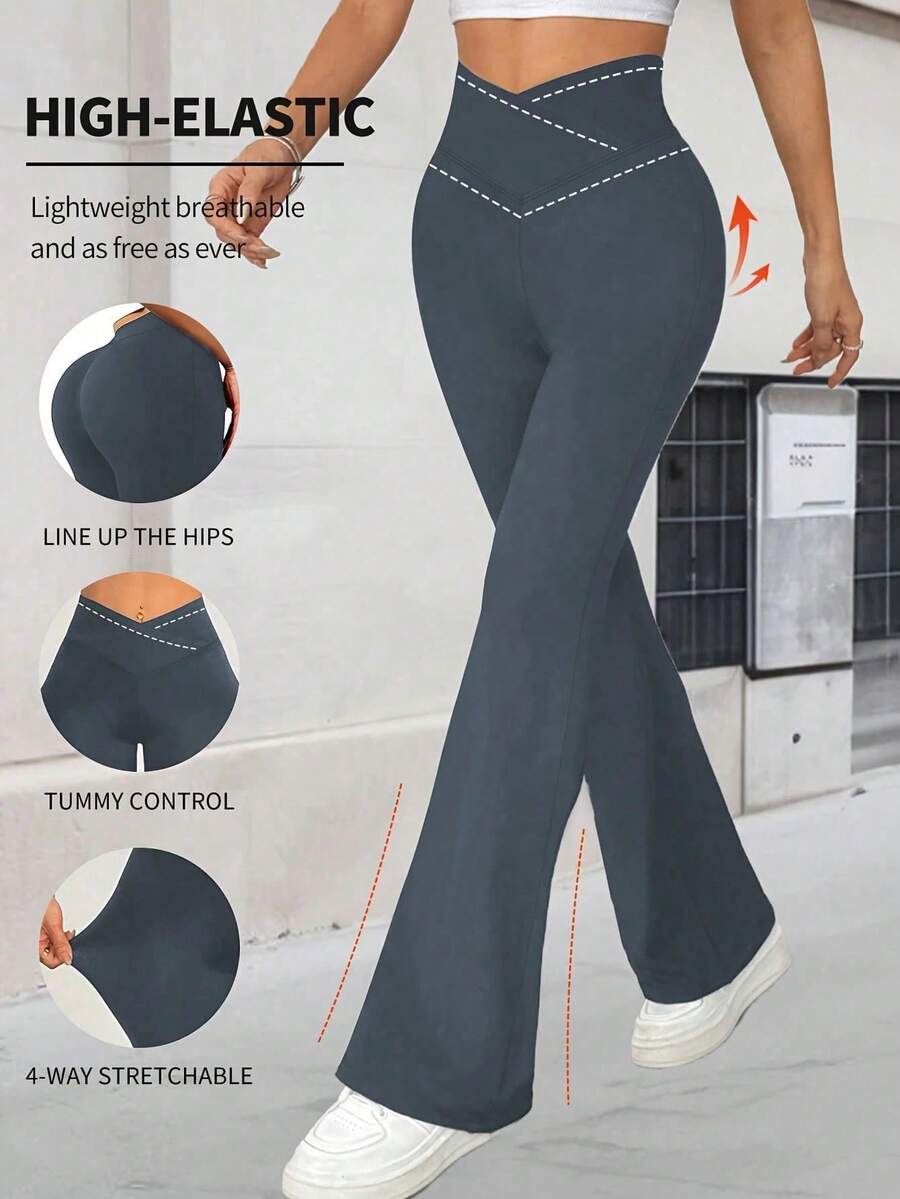 Gray High Elastic Crossover Waist Flared Pants For Women, Tummy Control 4-Way Stretch Bootcut Yoga Pants For Daily & Fitness Outfits,Women's Leggings,Gym Clothes Women,Gym Clothes Women,Summer Outfits For Women,Summer Clothes,Beachwear,Vacation Outfits Women,Vacation Essentials - 灰色 - 查看 1