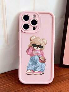 1pc Pink Bear Pattern Phone Case, Fashionable Glasses Bear Design Matte Shock-Proof Protective Cover Suitable For IPhone 17 Pro Max/17 Pro/17/16 Pro Max/16 Pro/16/15/14/13/12/11/Pro/Pro Max/X/XR/XS/XS Max/7/8/Plus - Multicolor - View 5