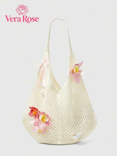 Minimalist Solid Color Versatile Shoulder Bag, Decorated With Faux Flowers, Romantic Hollow Crochet Bag, Large Capacity Casual Multipurpose Underarm Bag For Women, High-Fashioned Underarm Bag Suitable For Work Commute, Outings And Vacation Photography