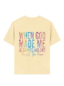 这款少女T恤印有“上帝创造我时，他微笑着说，这会很有趣”的趣味标语，面料柔软舒适，适合女孩户外运动、日常穿着、街头风、校园风等各种场合，是春夏时尚休闲的理想之选。 - 杏色 - 查看 8