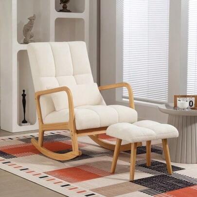 Sedia a dondolo con poggiapiedi, sedia a dondolo con rivestimento in lana, braccioli, schienale alto, piedini in legno, sedia a dondolo imbottita, chaise longue, poltrona allattamento per soggiorno, camera da letto, bianca
