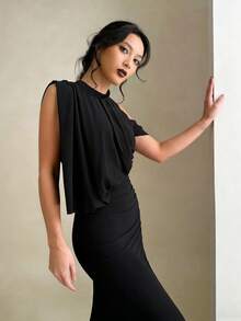 Elegant Sexy Ruffle Decor Fishtail Hem Party Dress, Cocktail Gown, Wedding Guest Bridesmaid Dress, Formal Ball Gown Spring Black - Black - View 4