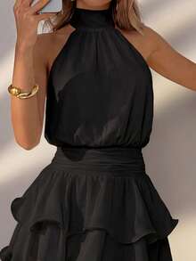 Elegant Black Spaghetti Strap Backless Layered Ruffle Hem Mini Dress - Ideal For Beach Vacation, Summer Holiday, Graduation Ceremony, Festival Events, Daily Outing Party - Black - View 4