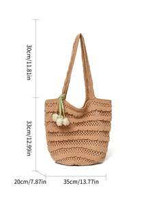 1pc Low Tea Solid Color Woven Fabric Shoulder Bag, Women's Retro Fashion Woven Shoulder Bag, Top Double Handle Design, Open Closure, Suitable For Travel, Shopping, Dating, Women's Gift, Very Suitable For Commuting, Outdoor, Travel, Hiking (With Pendant) - Khaki - View 3