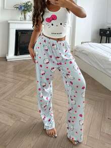 SANRIO [WONDER WORLD]2pcs Hello Kitty Women Graphic Crop Top + Elastic Waist Pants Cute Pajama Set - White - View 8
