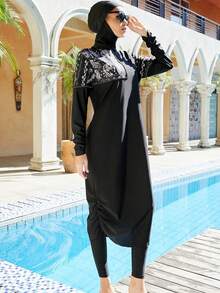 Women Modest Swimsuit Full Coverage Swimwear Islamic Hijab Swimming Burkini Swim Suit Solid Color Black Spring - Black - View 5