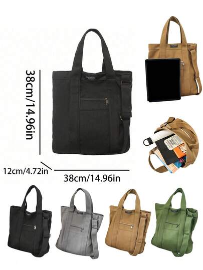 复古时尚男士托特包，大容量日式单肩包，适合工作、上学、度假、通勤，可斜挎或双肩背，返校必备帆布托特包